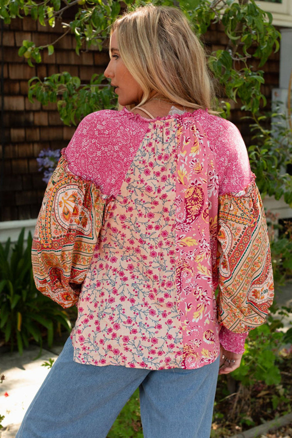 Pink Mixed Floral Printed Lantern Sleeve V-Neck Blouse