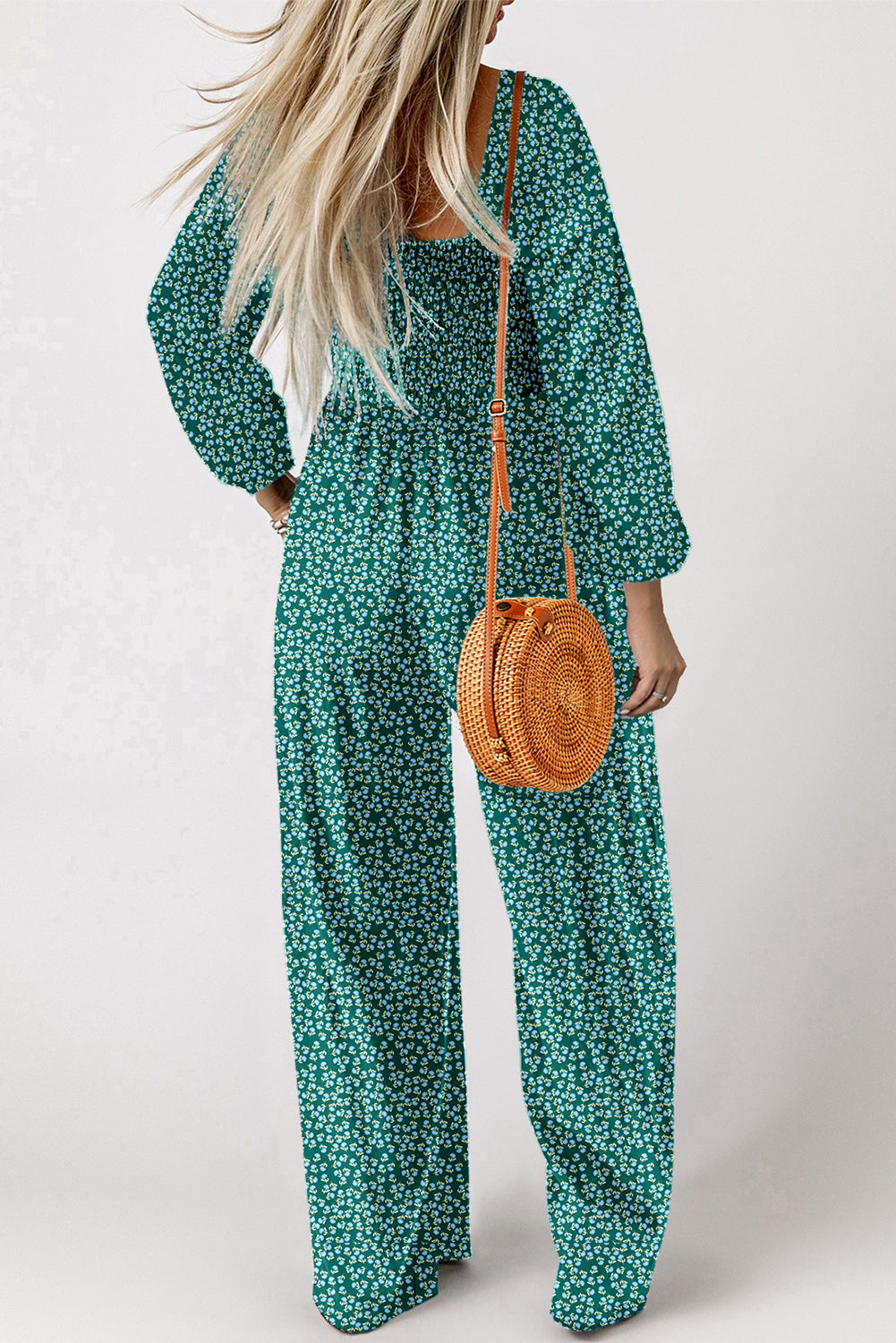 Green Floral Print Shirred Bodice Square Neck Wide Leg Jumpsuit