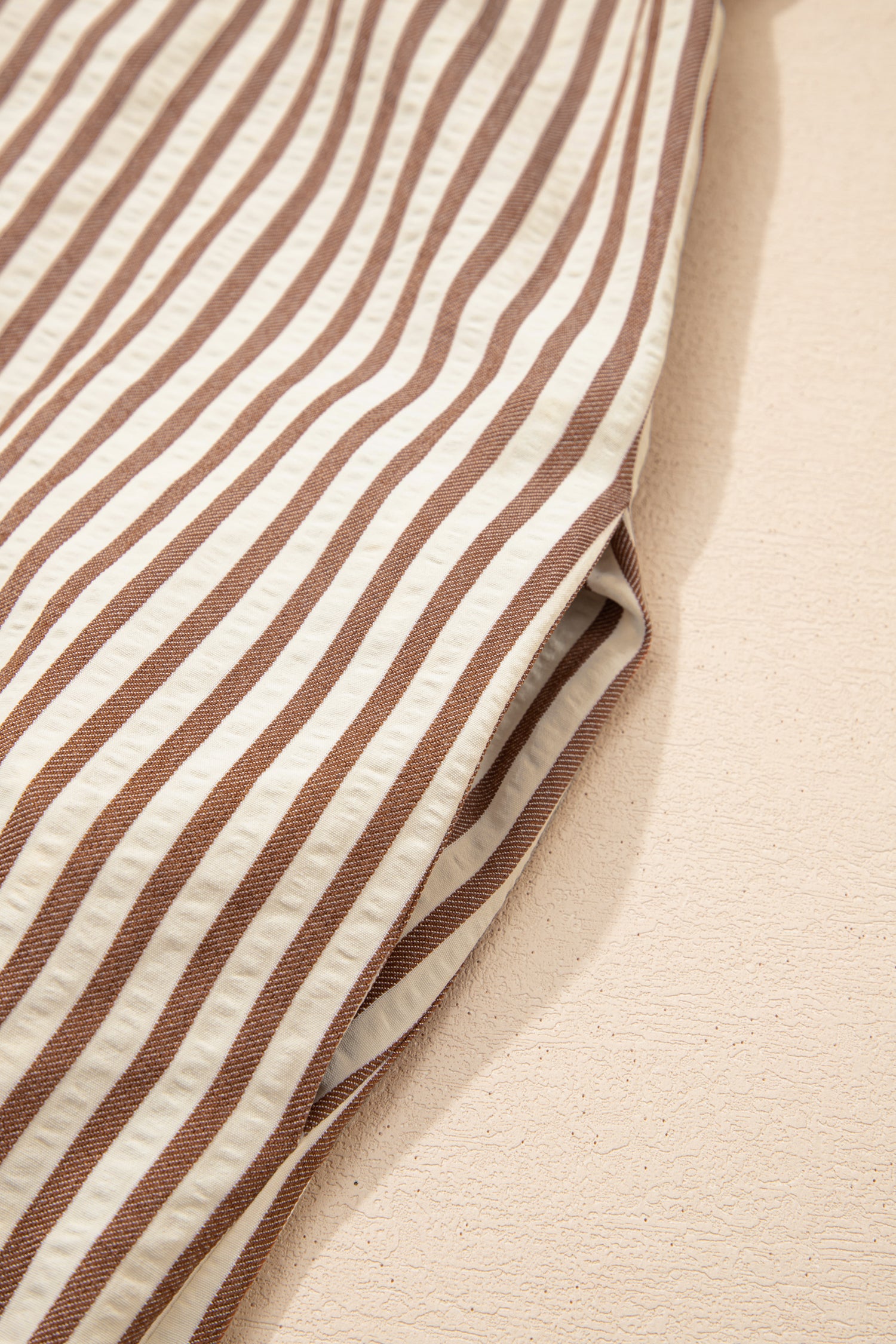 Khaki Stripe Square Button Leopard Trim Loose Bracelet Sleeve Shirt Dress