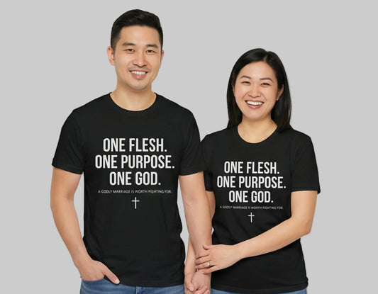 One Flesh One Purpose One God T-Shirt | Christian Marriage Tee | Faith-Based Couples Shirt | Rehoboth’s Kloset Printify