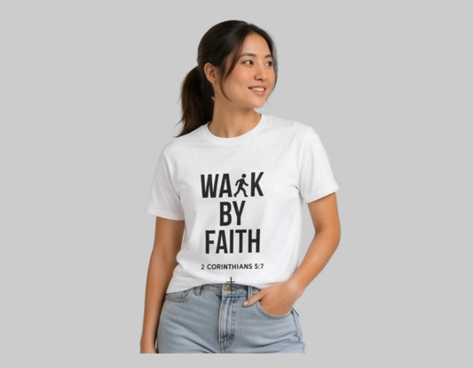 Walk by Faith T-Shirt | Minimalist Christian Tee | 2 Corinthians 5:7 Scripture Shirt | Faith-Based Streetwear | Religious Graphic Tee | Unisex Bible Verse Shirt | Christian Apparel Gift Printify
