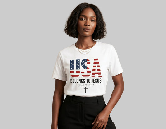 Woman wearing a white t-shirt with a patriotic design and text.