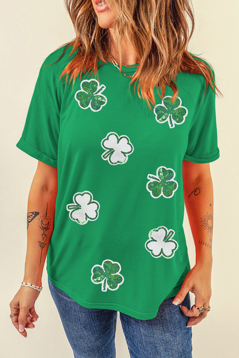 Bright Green St Patricks Sequin Clover Pattern T Shirt