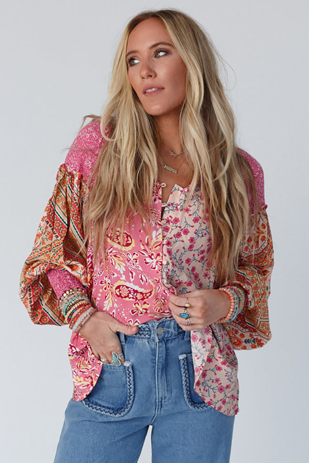 Pink Mixed Floral Printed Lantern Sleeve V-Neck Blouse