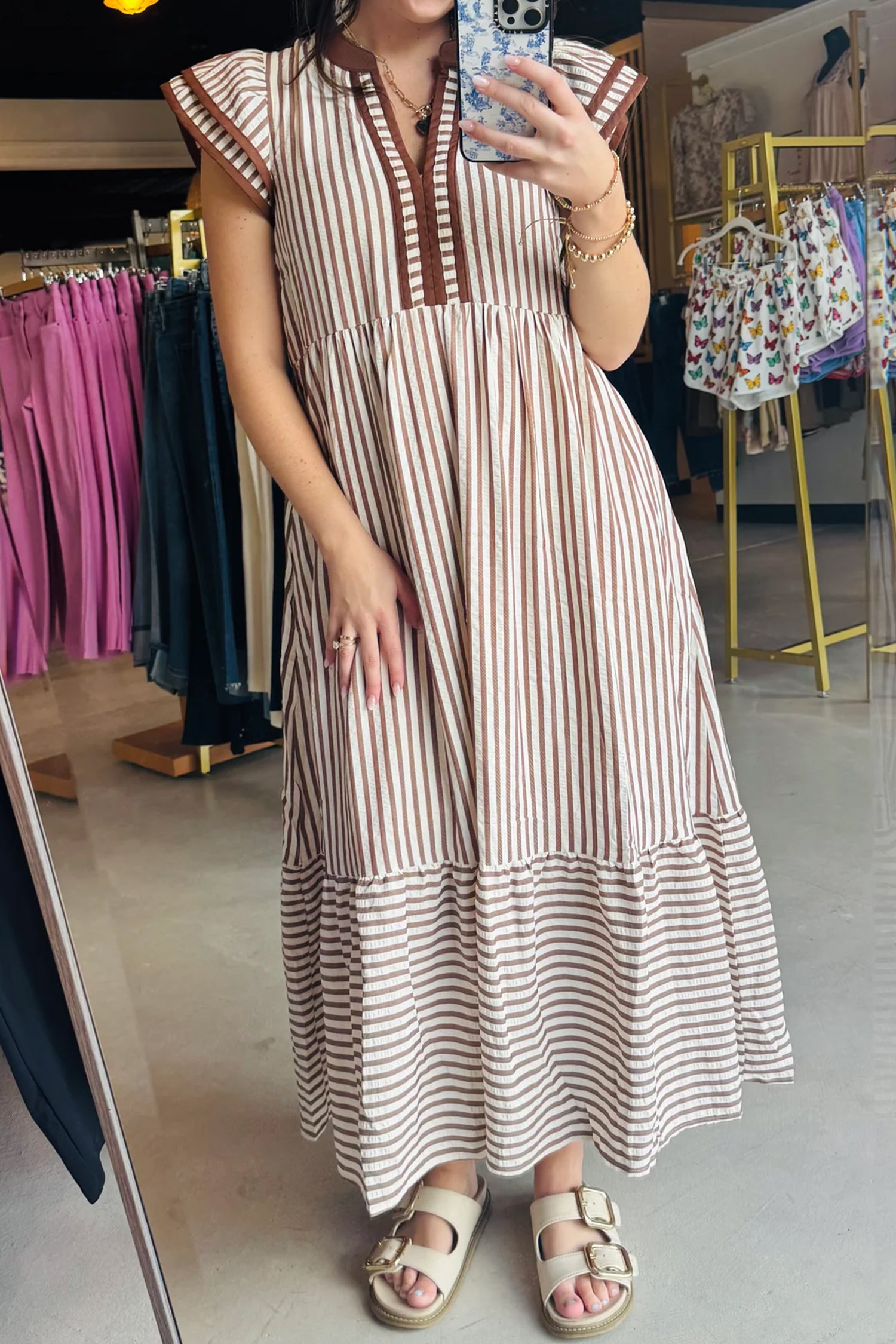 Brown Stripe Slit V Neck Tiered Flutter Sleeve Maxi Dress