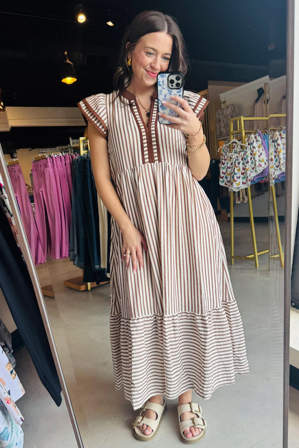 Brown Stripe Slit V Neck Tiered Flutter Sleeve Maxi Dress