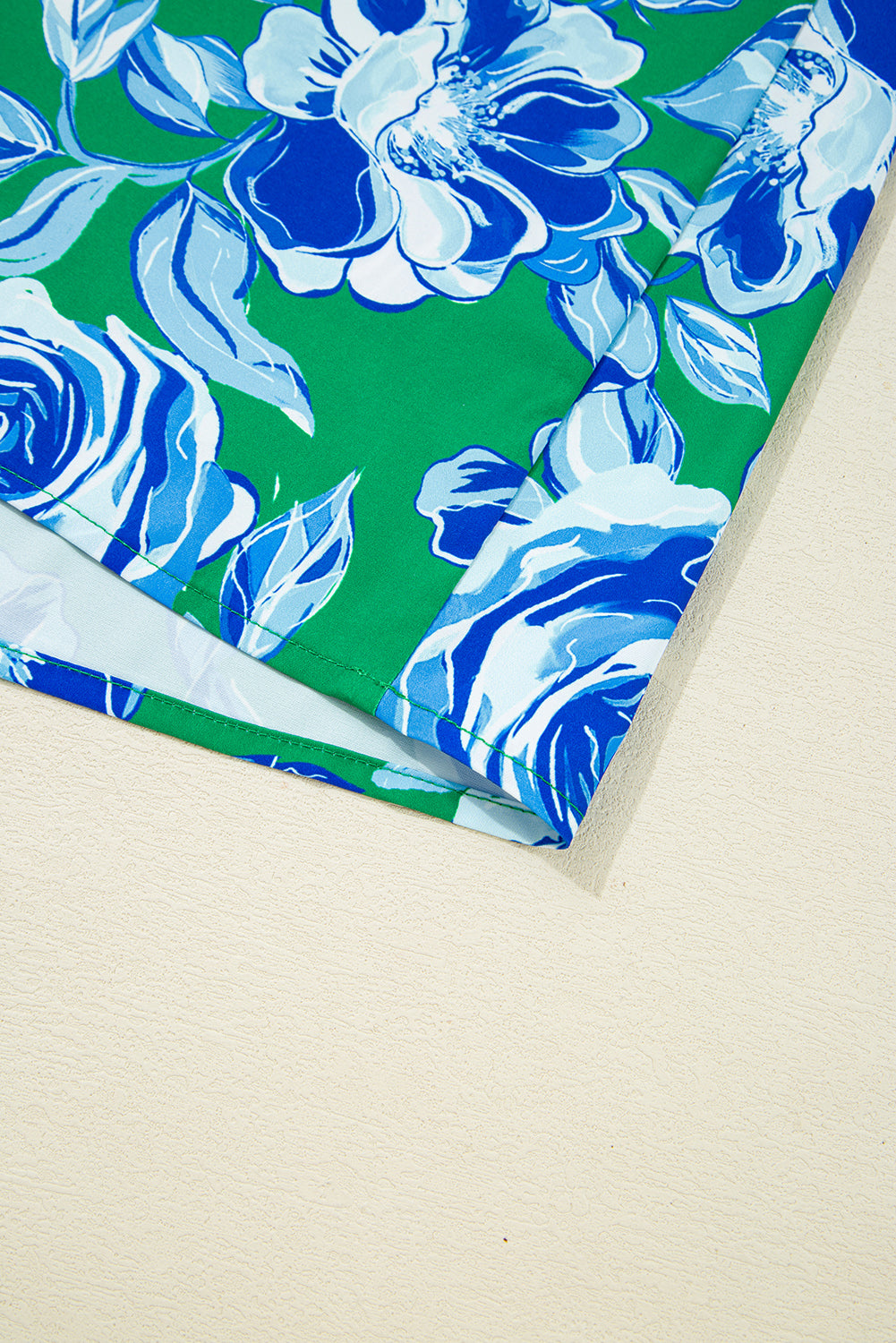 Green Floral Print Lace Trim Ruffle Sleeve Pleated Loose Blouse