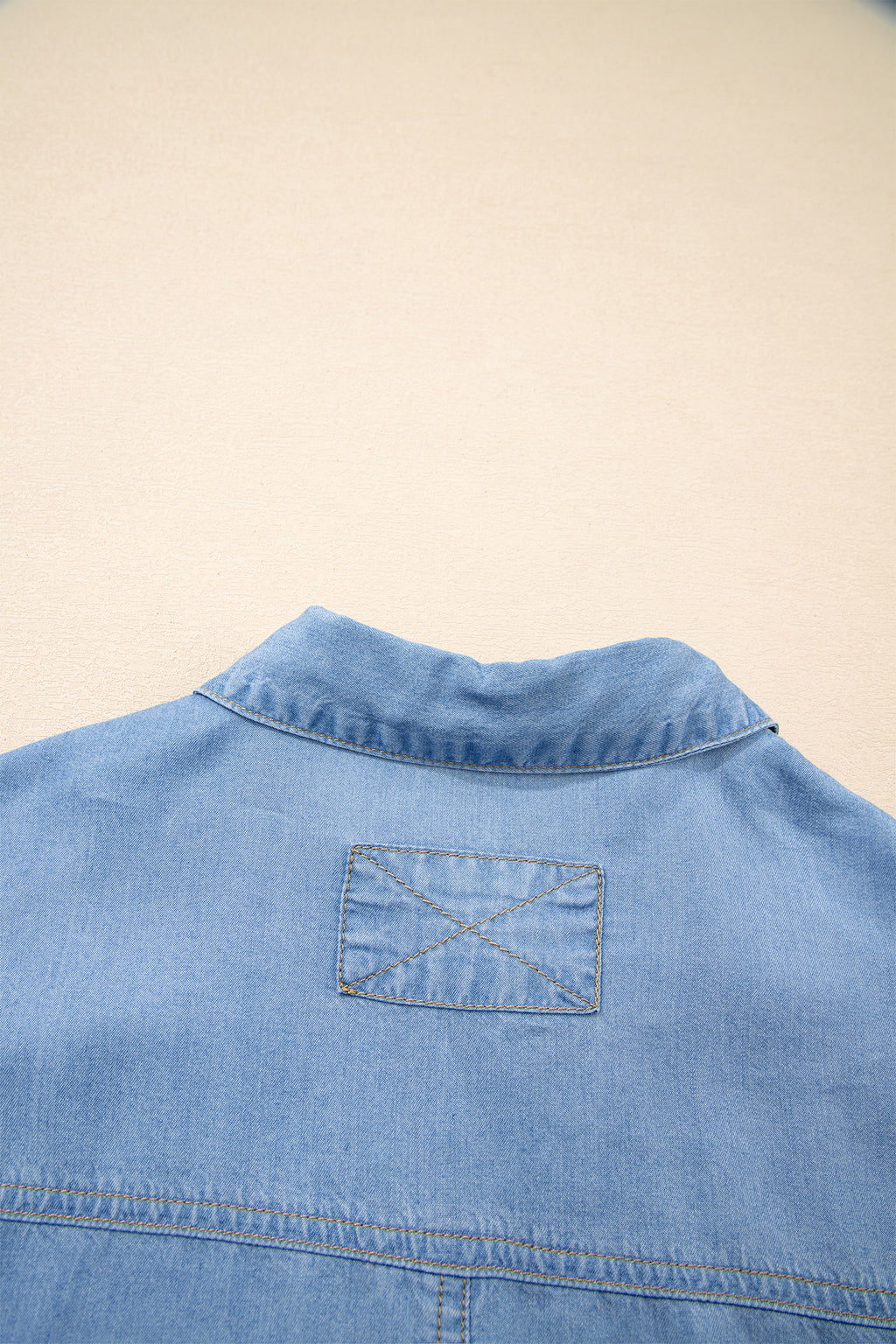 Beau Blue Half Sleeve Button Down Ruffled High Low Chambray Shirt