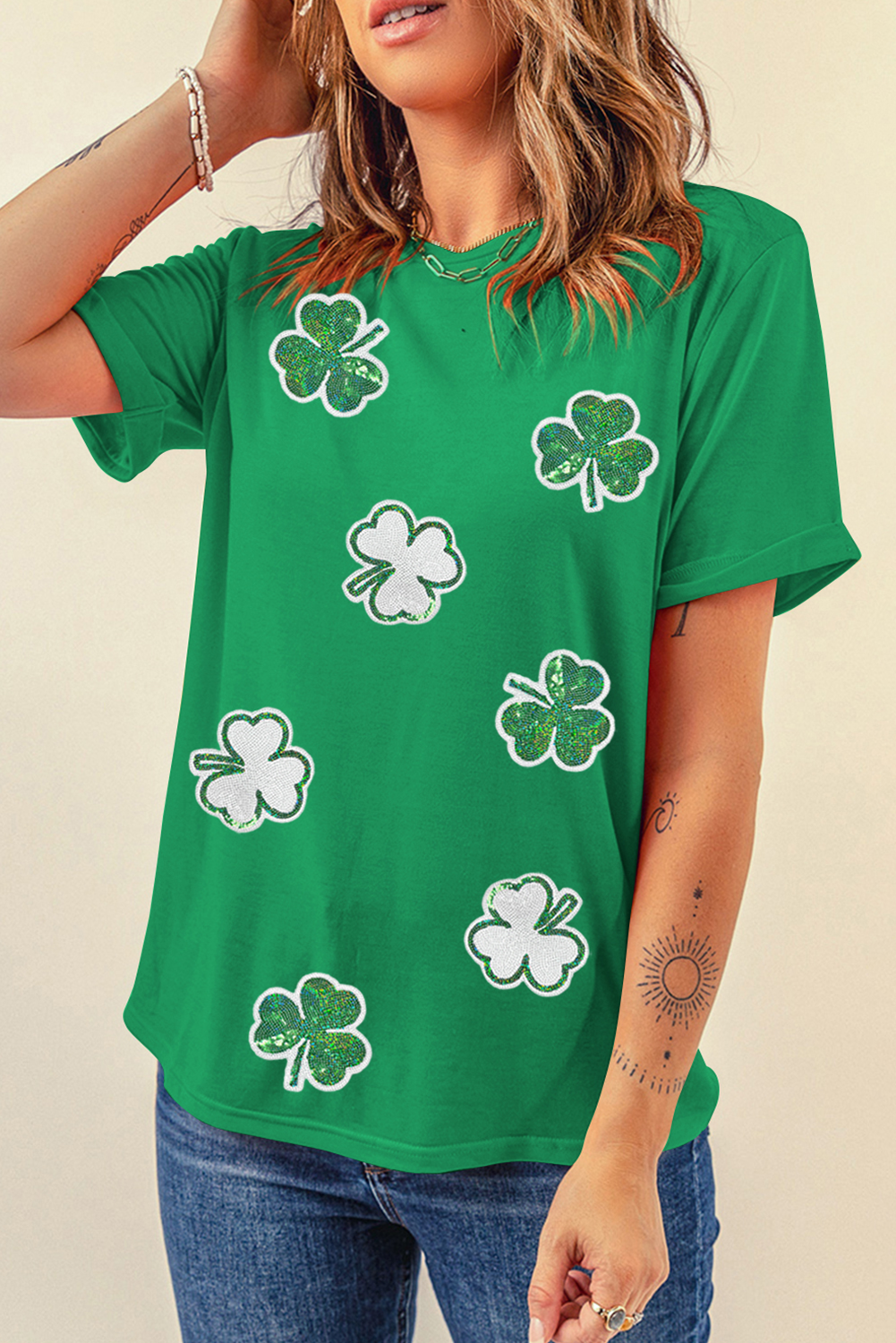 Bright Green St Patricks Sequin Clover Pattern T Shirt