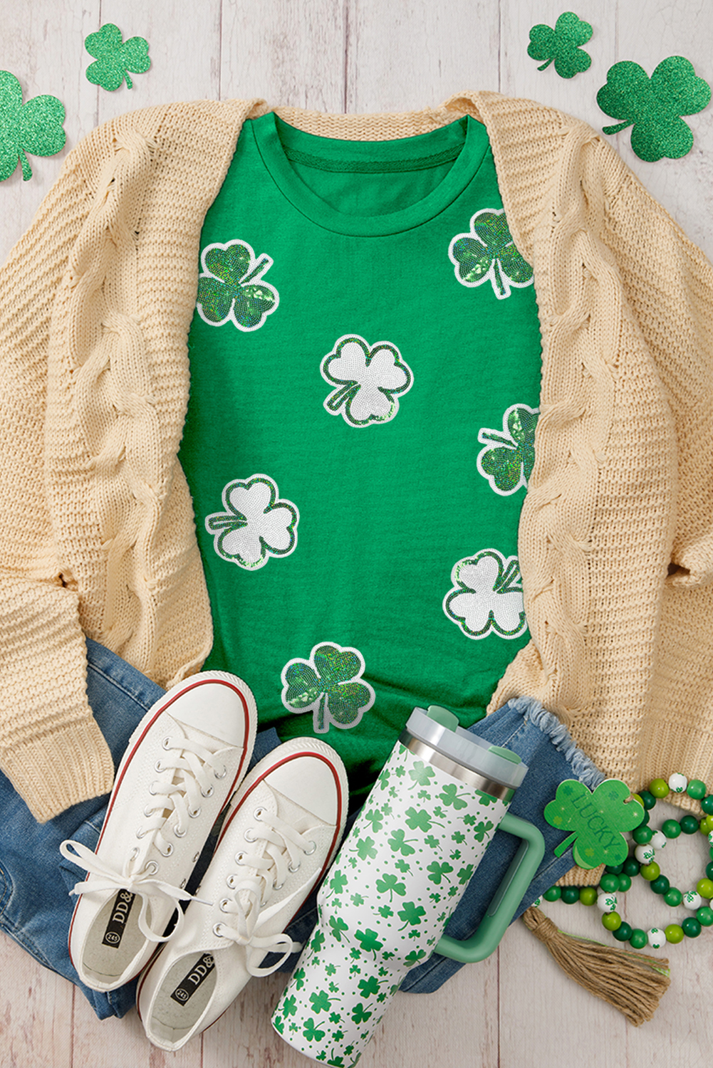 Bright Green St Patricks Sequin Clover Pattern T Shirt